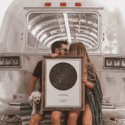 couple celebrating special moment with a night sky star map print