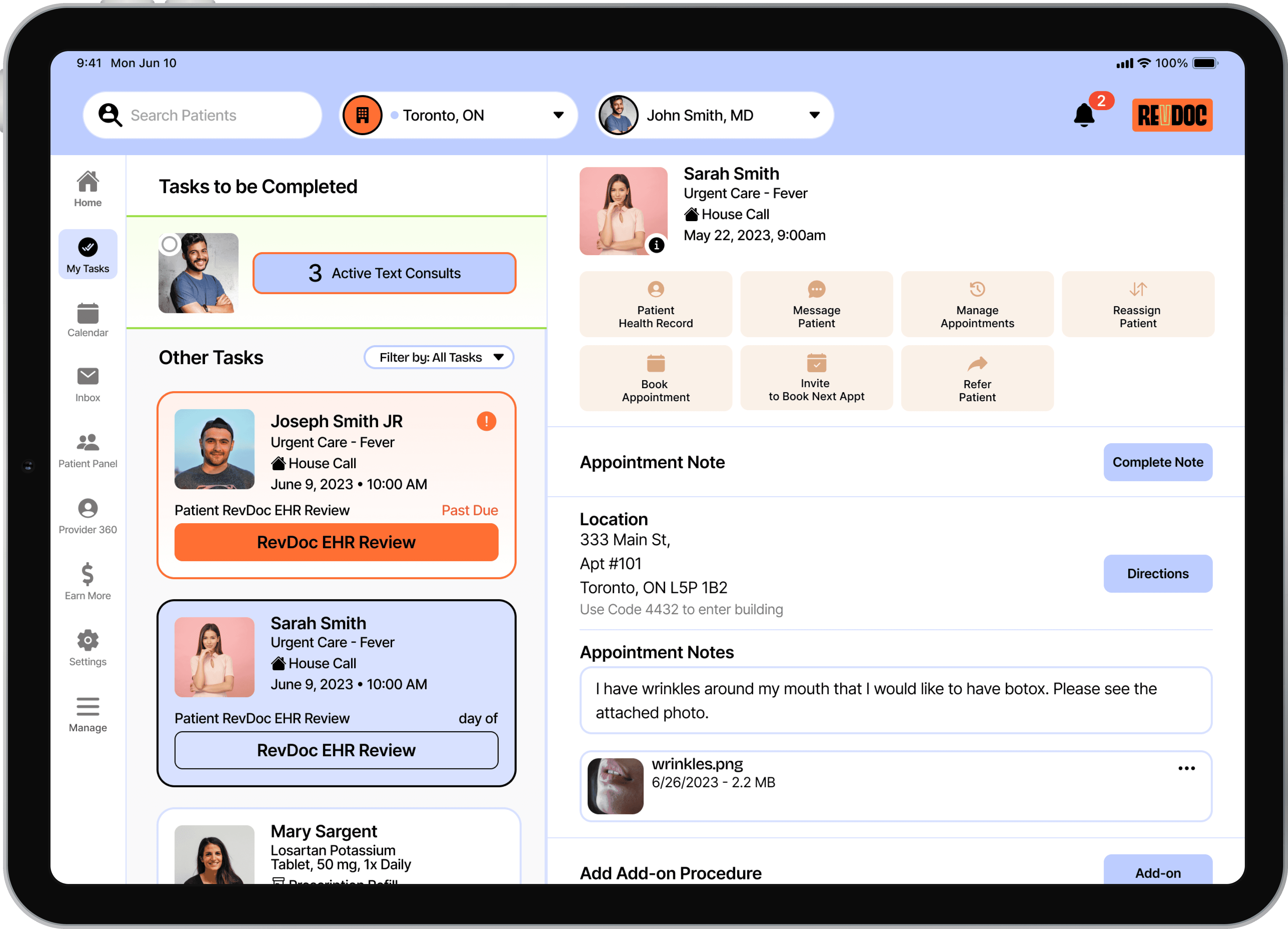 RevDoc's user interface for the Provider My Tasks screen