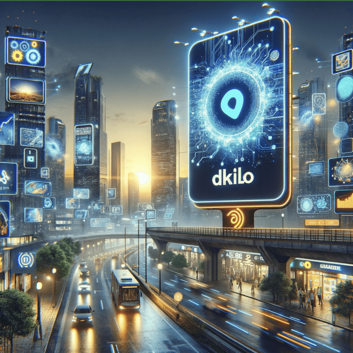 AI-powered digital out-of-home billboard by dKilo displaying location-based advertising in a smart city environment.