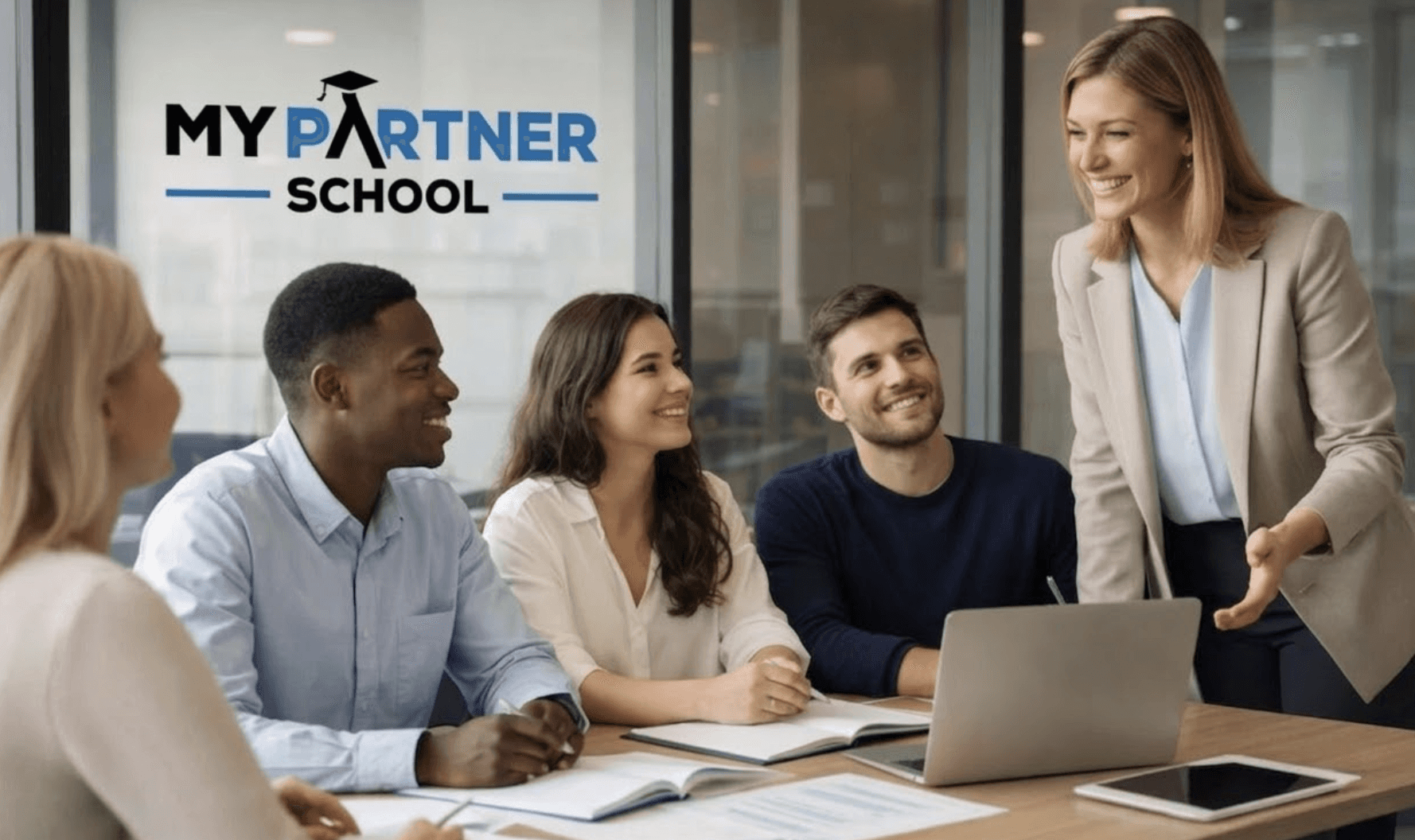 Formatrice et étudiants en séance d’accompagnement dans les locaux de My Partner School à Marseille, école en alternance spécialisée en commerce et management.