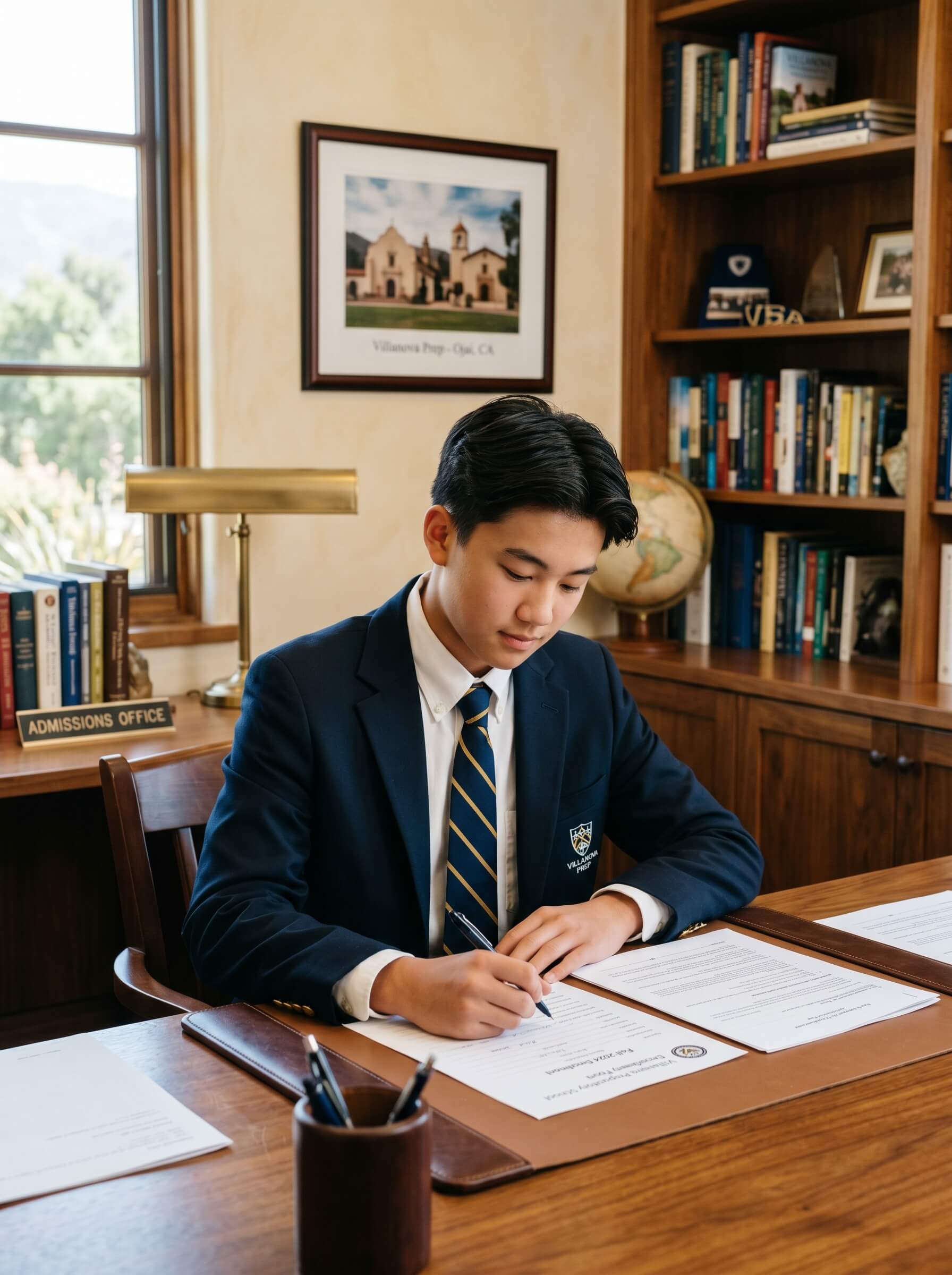 A young person in a navy school uniform with a tie and badge sitting on the school classroom.