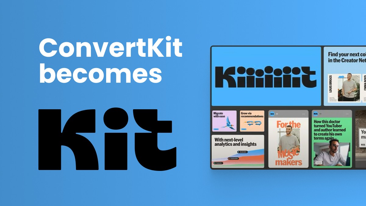 The words ConvertKit becomes Kit next to a screenshot of the new brand identity