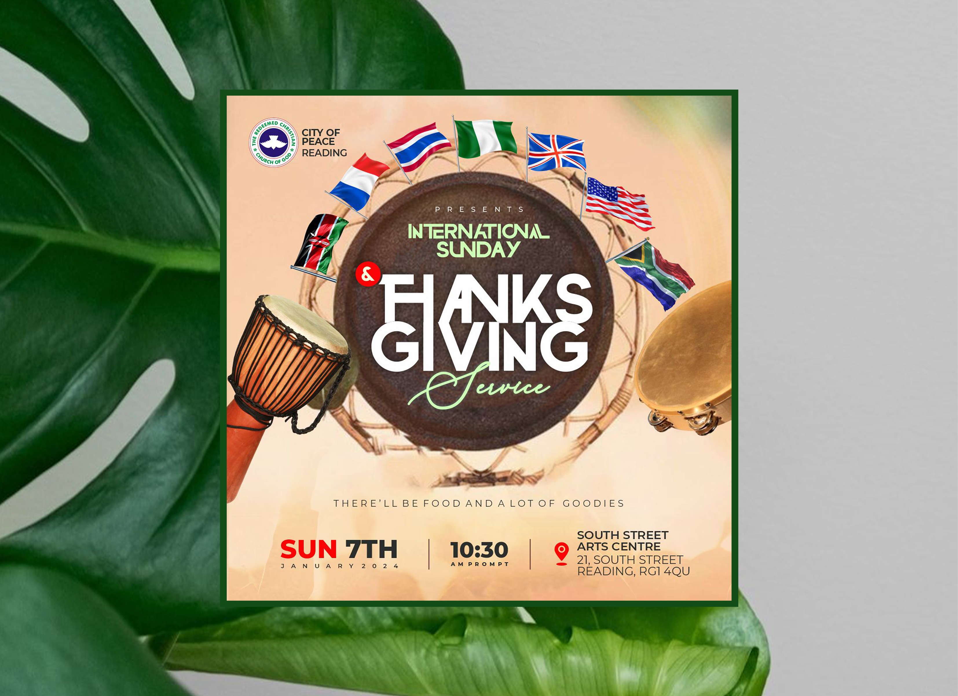 Flyer design for Thanksgiving service with autumn-themed graphics and event details.