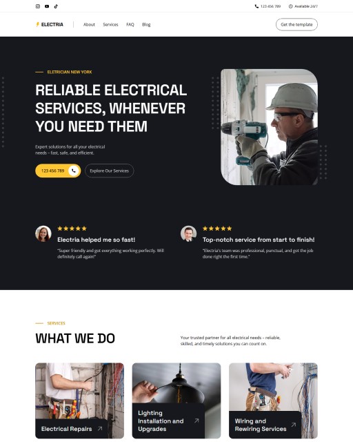 Electria Framer template preview showing hero and services section