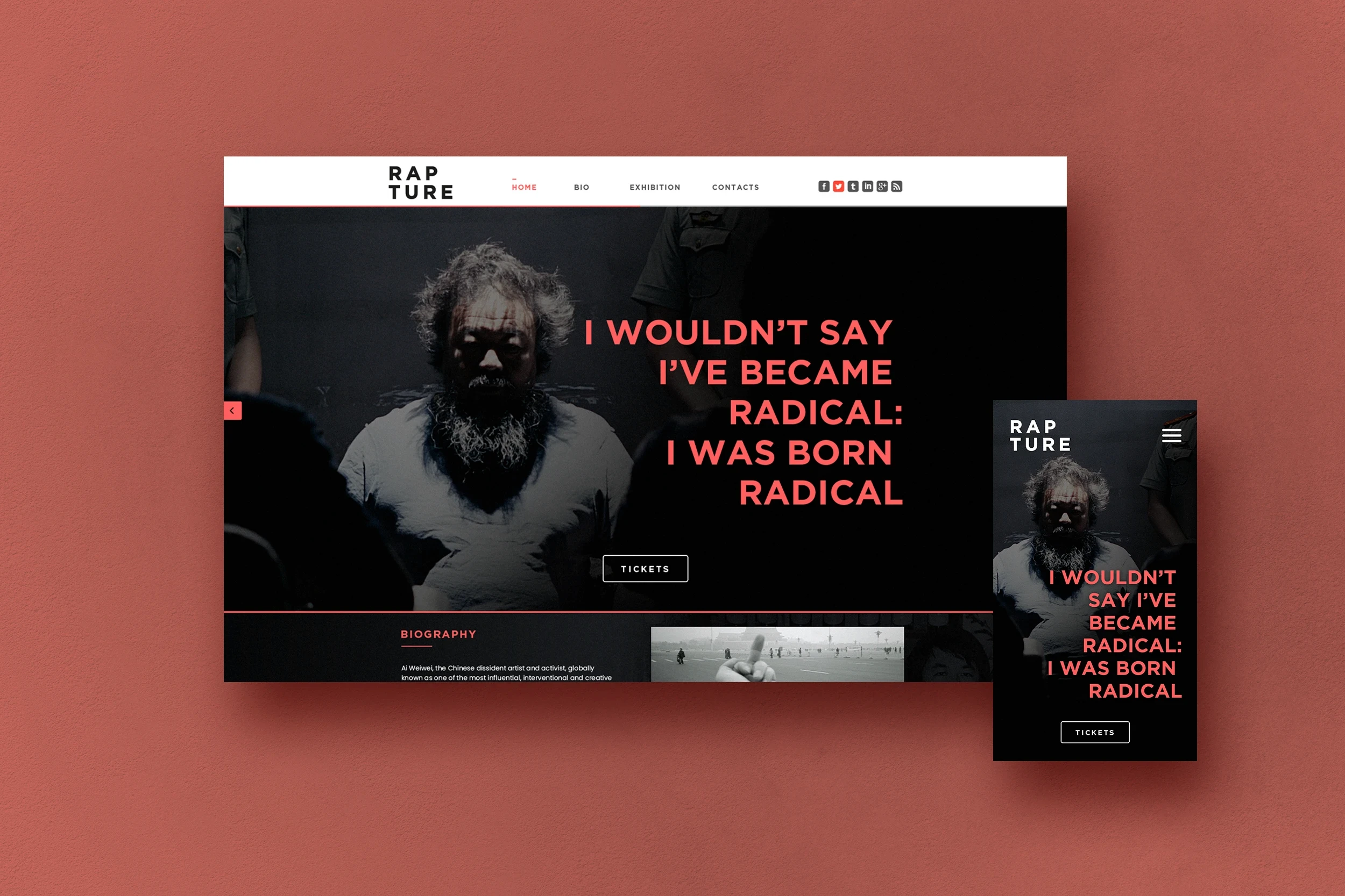 Responsive website design for Ai Weiwei’s “Rapture – The Exhibition” with dramatic imagery and contemporary exhibition branding.