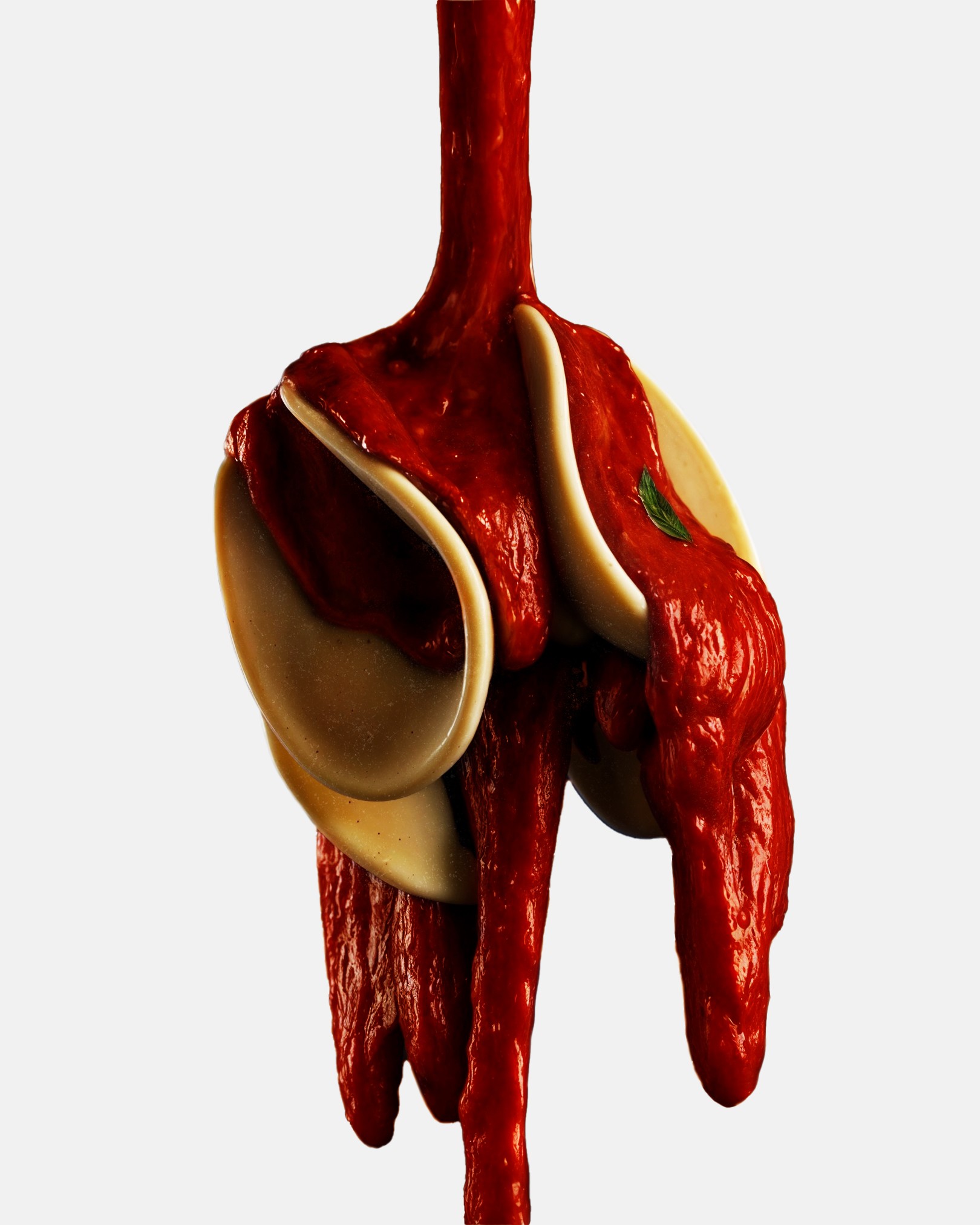 Sauce tomate rouge et visqueuse qui coule sur une seule pâte et épouse sa forme.