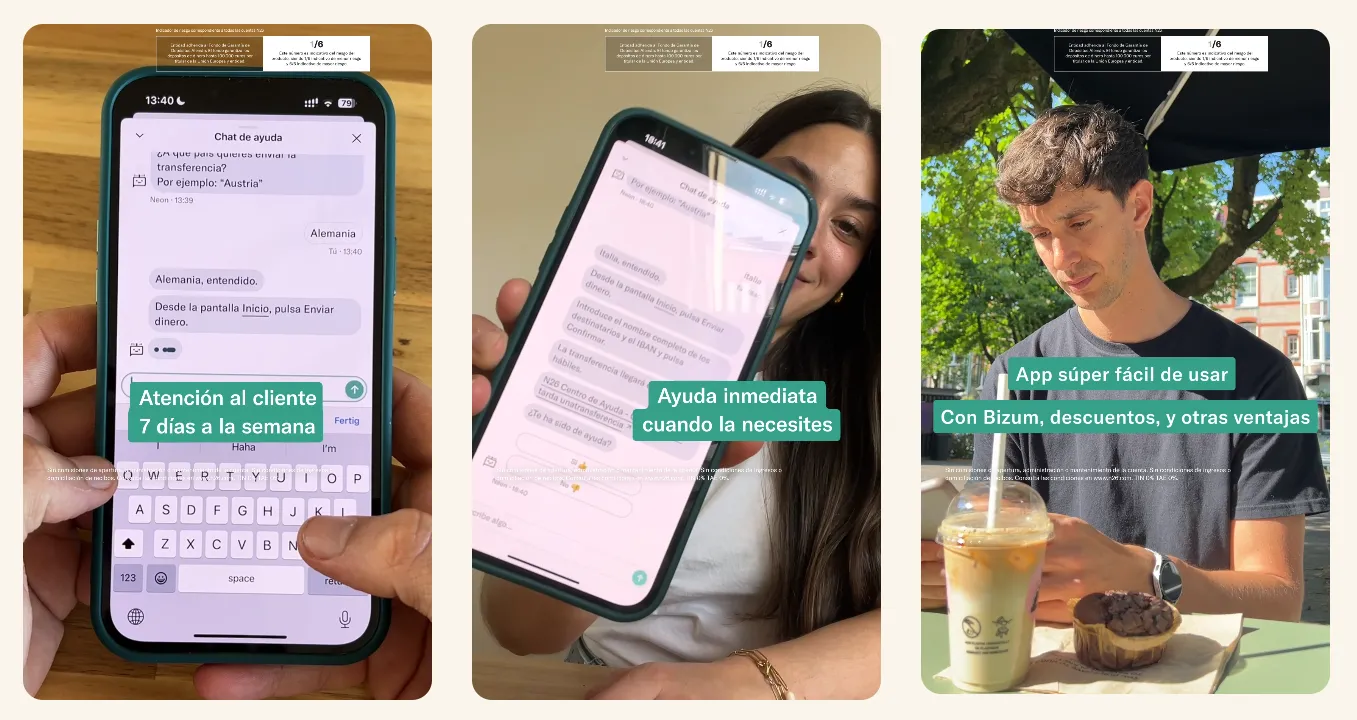 Three-panel image showing a mobile banking app in use: a customer support chat on a smartphone, a person holding the phone with assistance on screen, and a user making a payment at a café, highlighting ease of use and benefits like discounts.