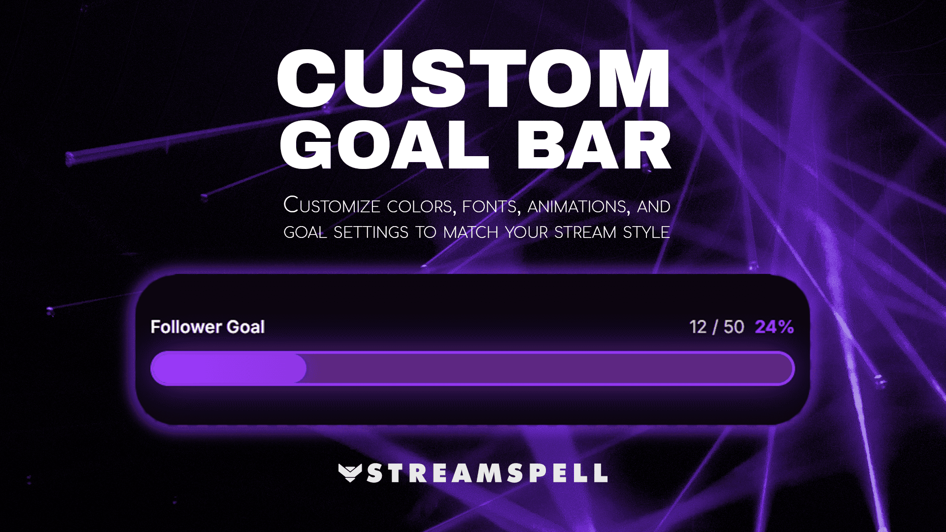 Custom goal bar widget with animated purple progress bar tracking follower goals, promoting the Stream Widgets Hub by StreamSpell. Ideal for Twitch, YouTube, and Kick streams. Fully customizable colors, animations, labels, and goal settings. Compatible with OBS Studio, Streamlabs, and StreamElements.