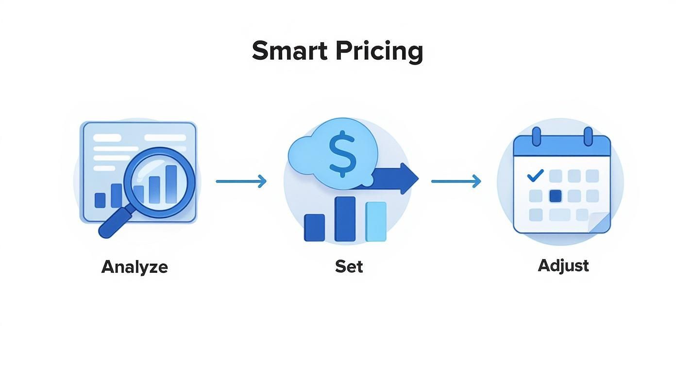 An infographic showing a three-step process flow for smart pricing analysis, setting, and adjustment.