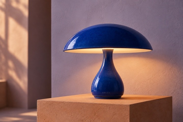 Cobalt glazed ARCEN dome lamp glowing on a terracotta plinth
