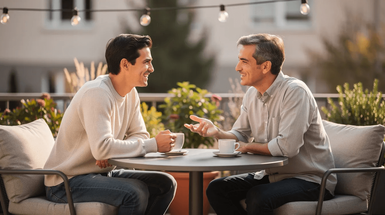 The image shows two people enjoying a relaxed conversation outdoors on a patio, each holding a coffee cup. They appear to be discussing important financial matters, possibly related to their financial future and the benefits of prenuptial agreements in ensuring financial stability in their relationship.