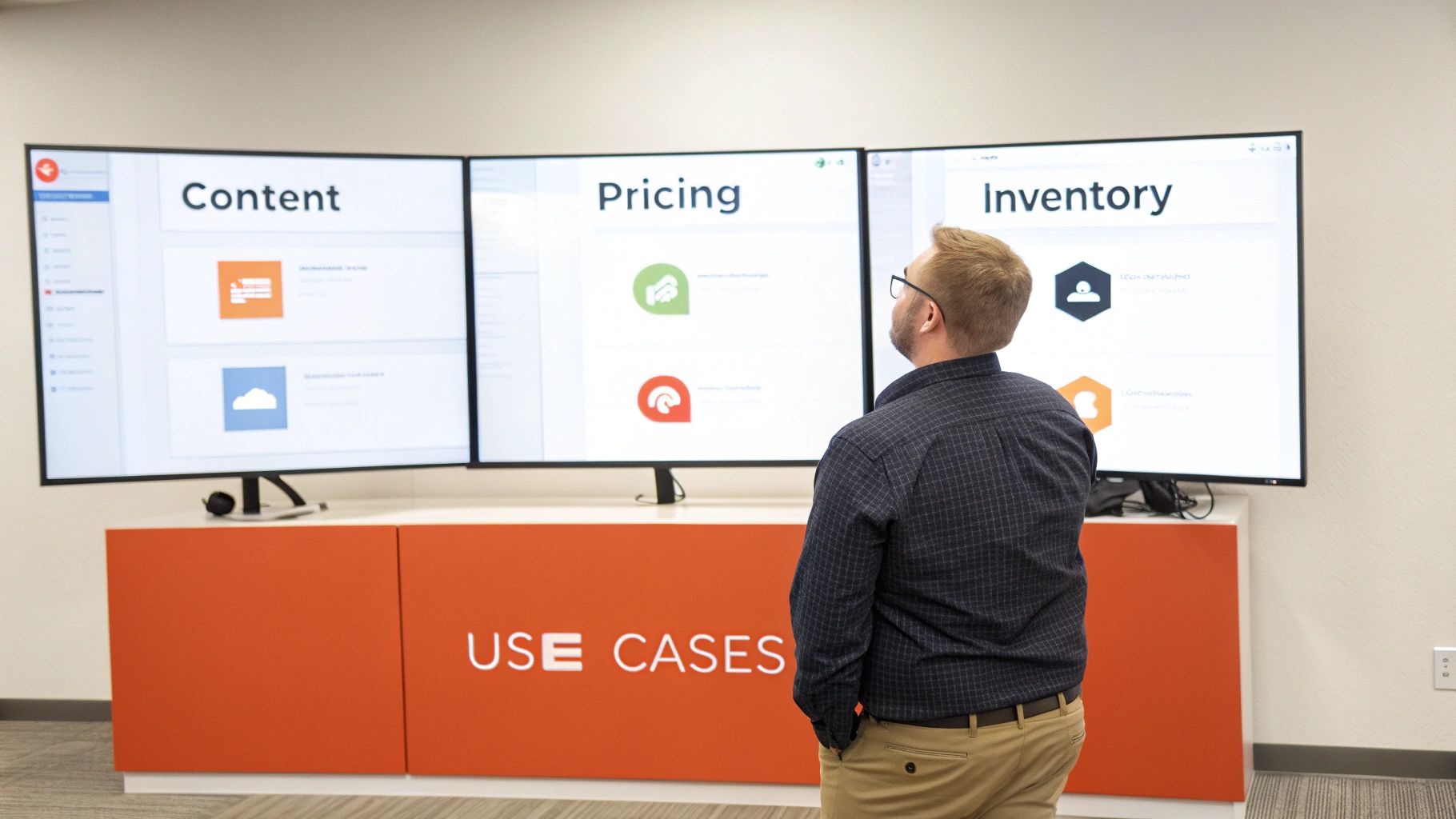 A man stands in front of three screens showing software use cases for content, pricing, and inventory.