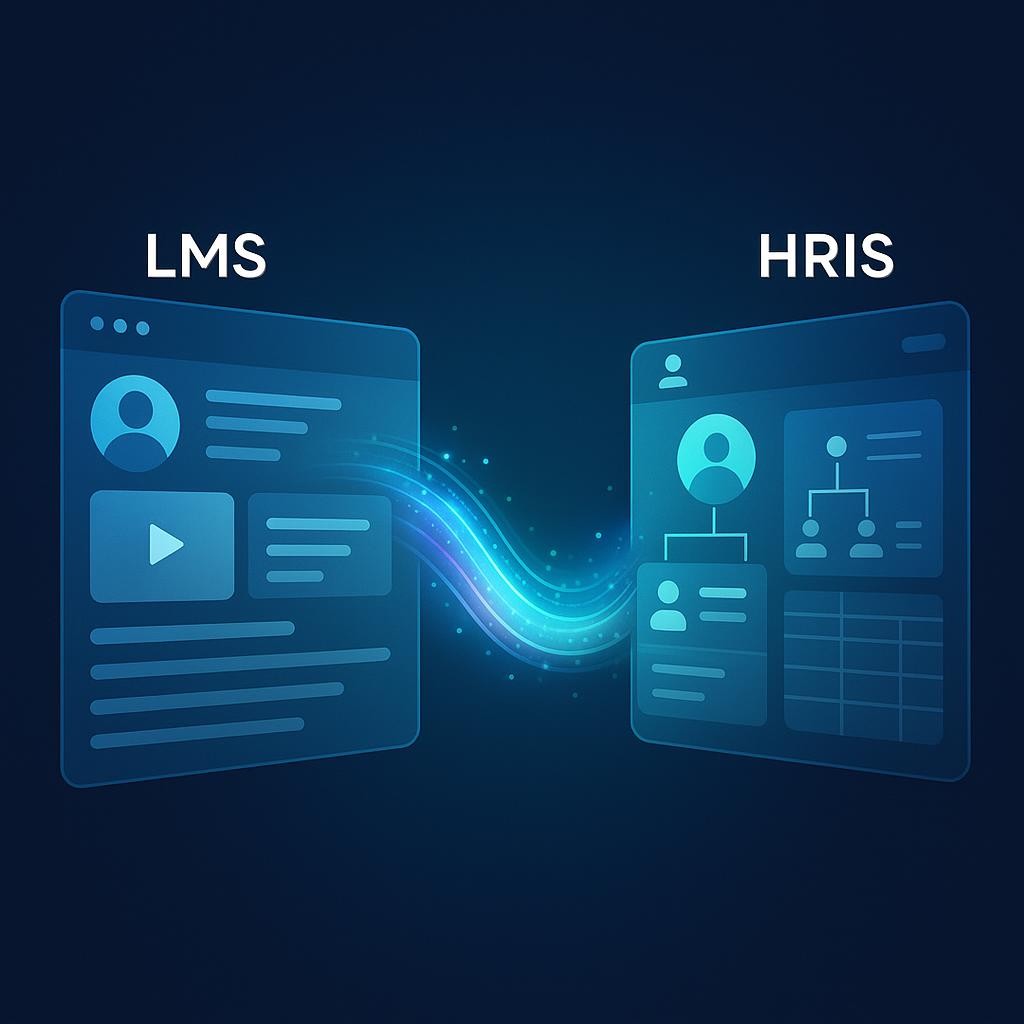 A visually striking image depicting a seamless digital integration between two distinct, modern software interfaces. One interface, labeled 