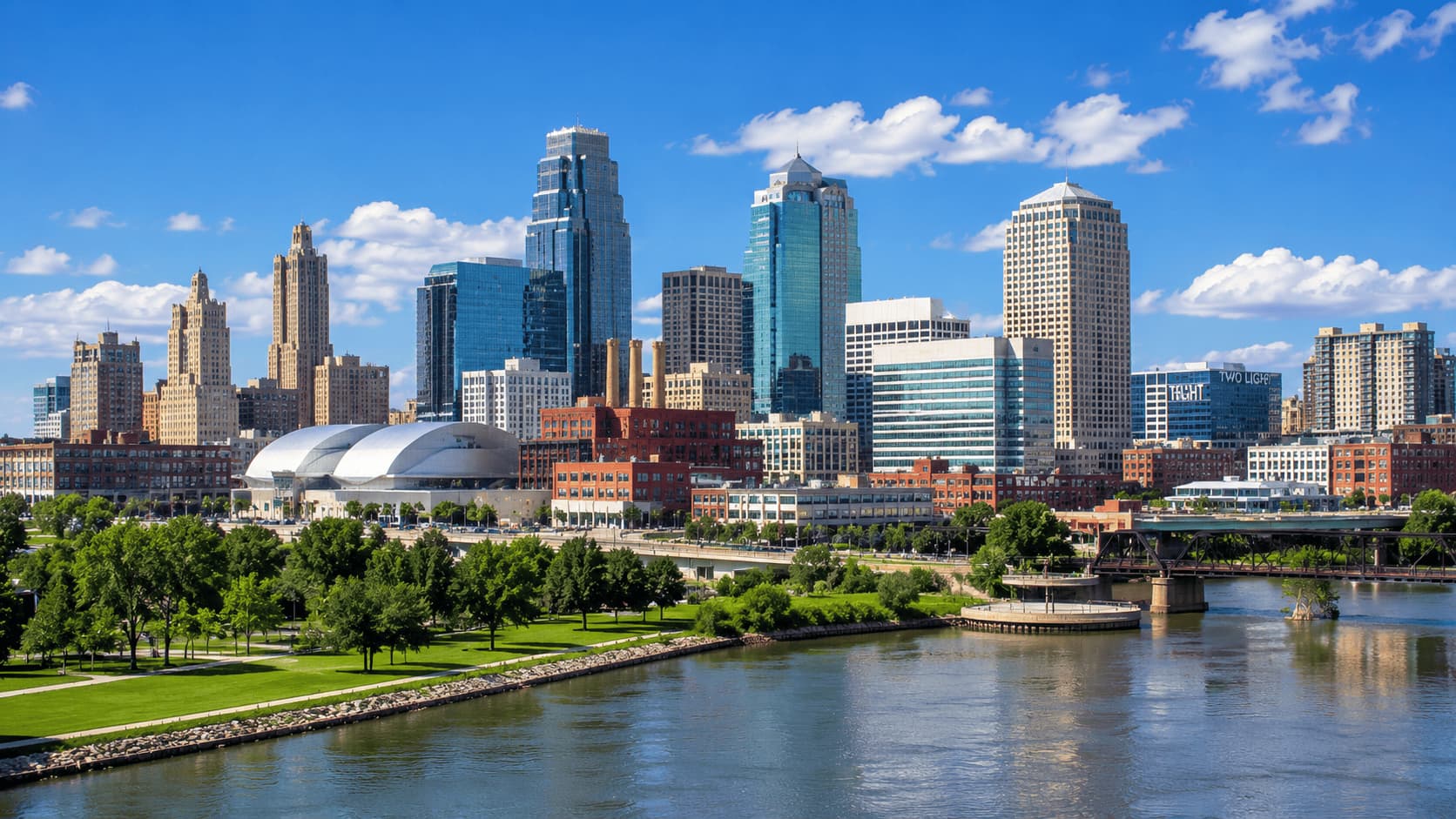 Kansas City skyline with modern buildings and riverfront view