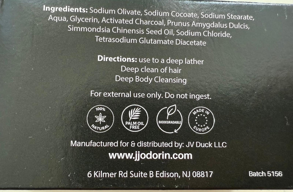 Soap ingredients and directions. Features natural, palm oil-free, biodegradable, and made in Europe symbols.