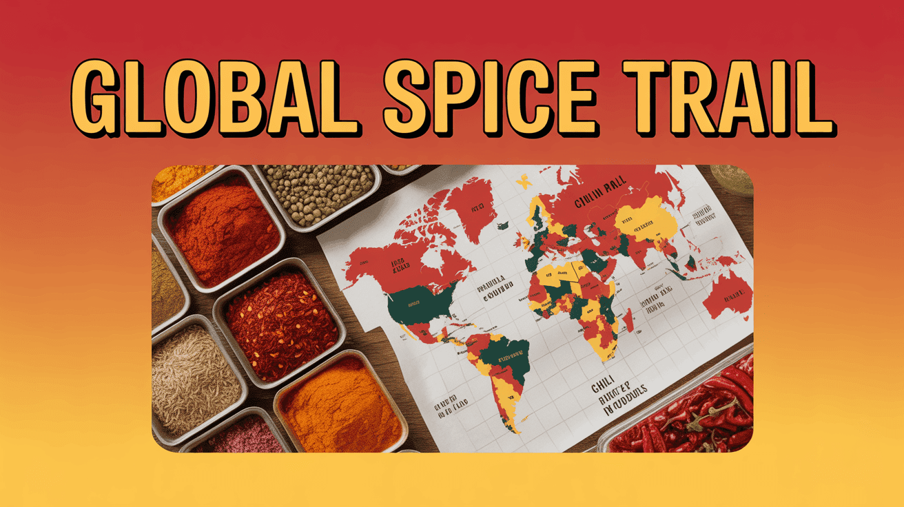 Global Spice Trail Thumbnail Template featuring spice market flatlay with world map, chili powder trails, and heat scale