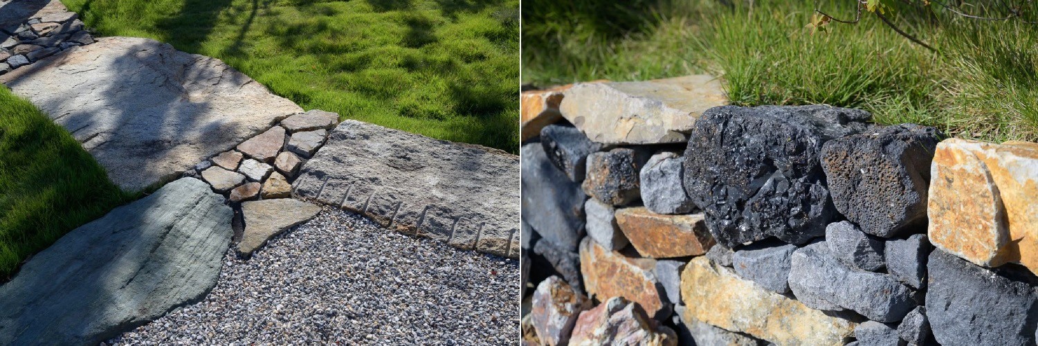 右:廃材を焼き固めてつくられたアップサイクルストーンは溶岩のような質感