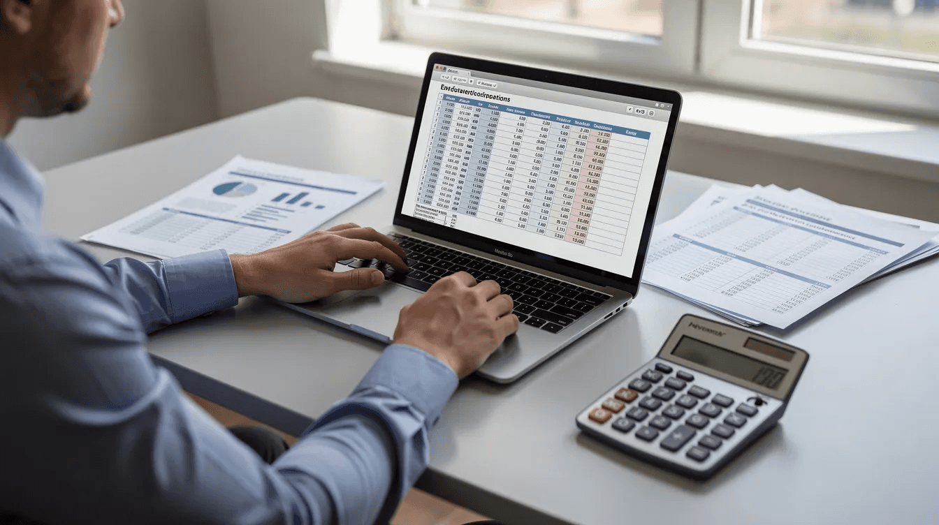 An accountant is focused on reviewing financial statements displayed on a laptop, with a calculator placed nearby for quick calculations. This scene highlights the importance of understanding business expenses and cash flow, particularly for GST registered businesses managing chattel mortgage repayments and tax deductions.
