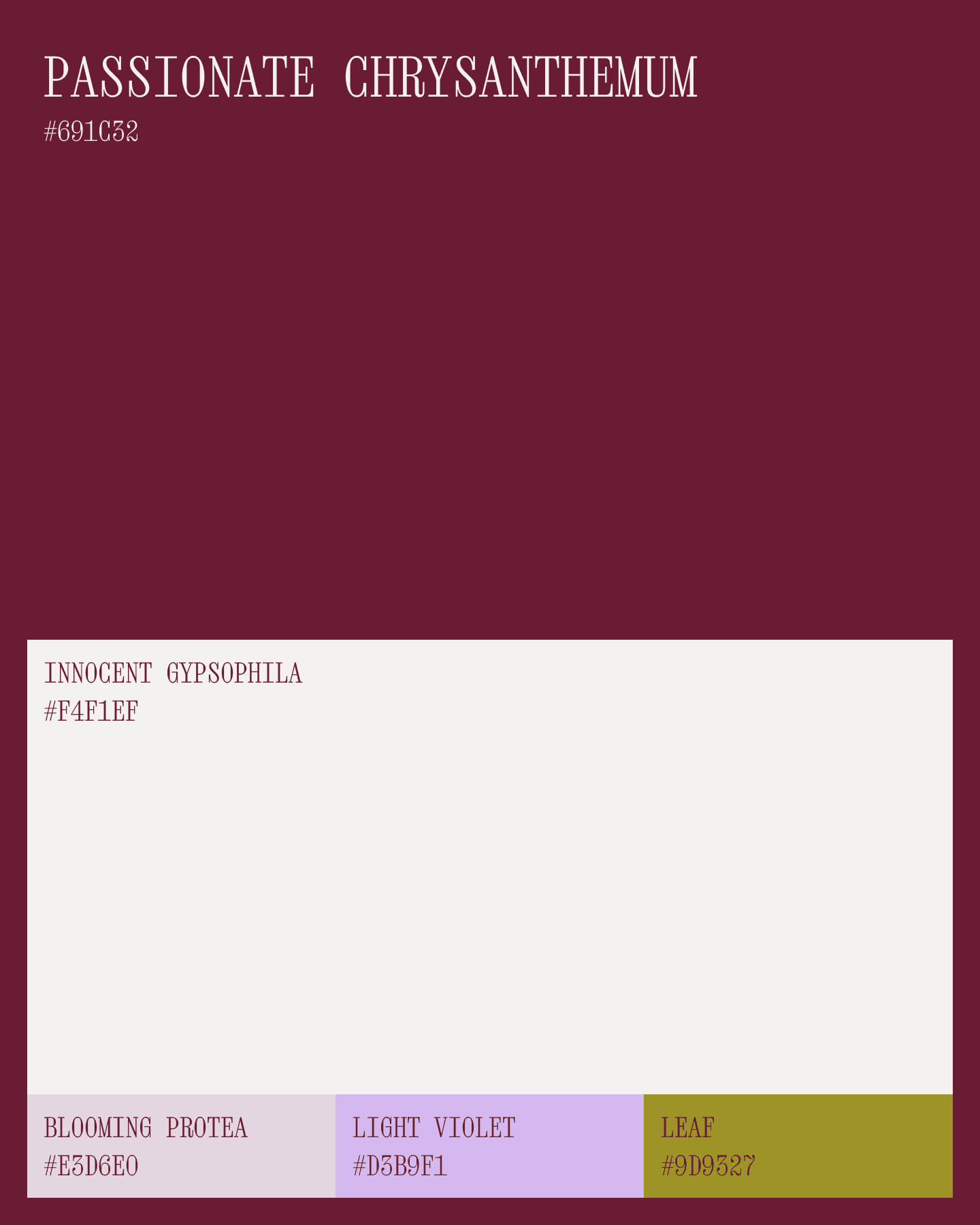 Brand color palette with burgundy, cream, lavender, purple, and olive green swatches