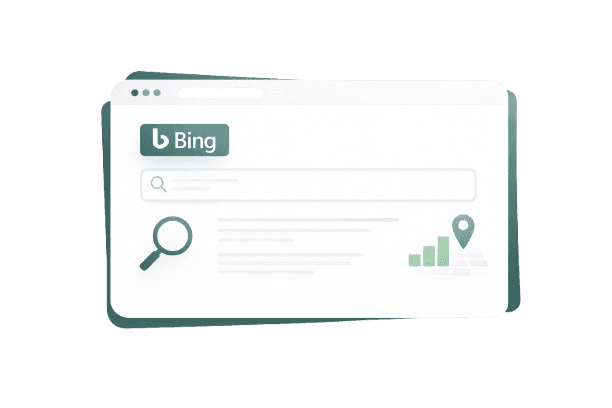 Illustration of Bing search engine showing a dashboard with search results, growth chart, globe, and location pin inside a floating card.