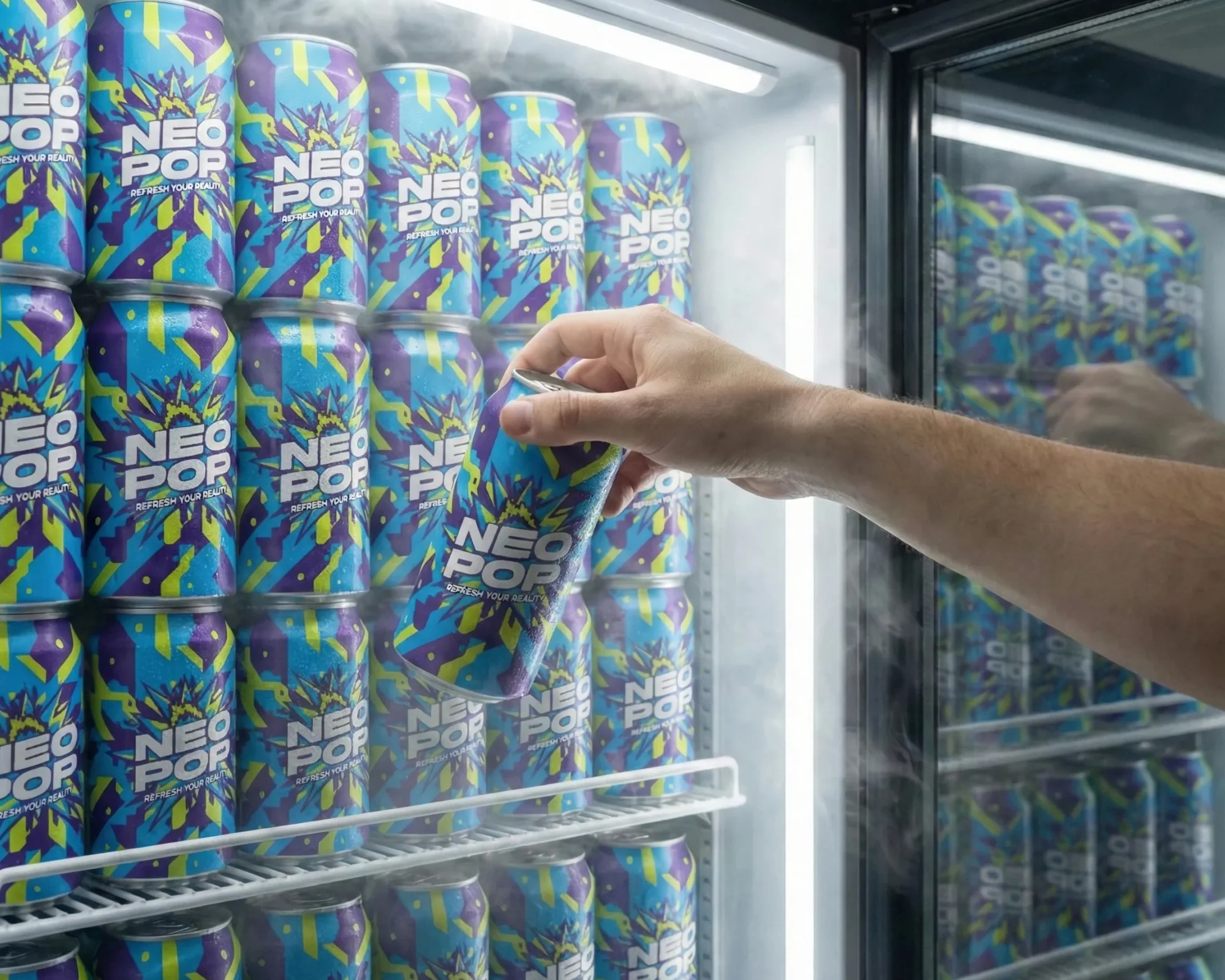 A person's hand reaching for a cold Neo Pop can from a well-stocked refrigerator shelf.