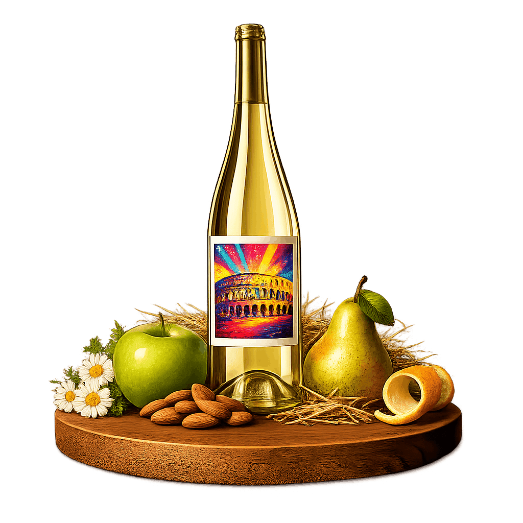 Artistic label and flavor profile for Croatian Grasevina on a rustic wooden table.