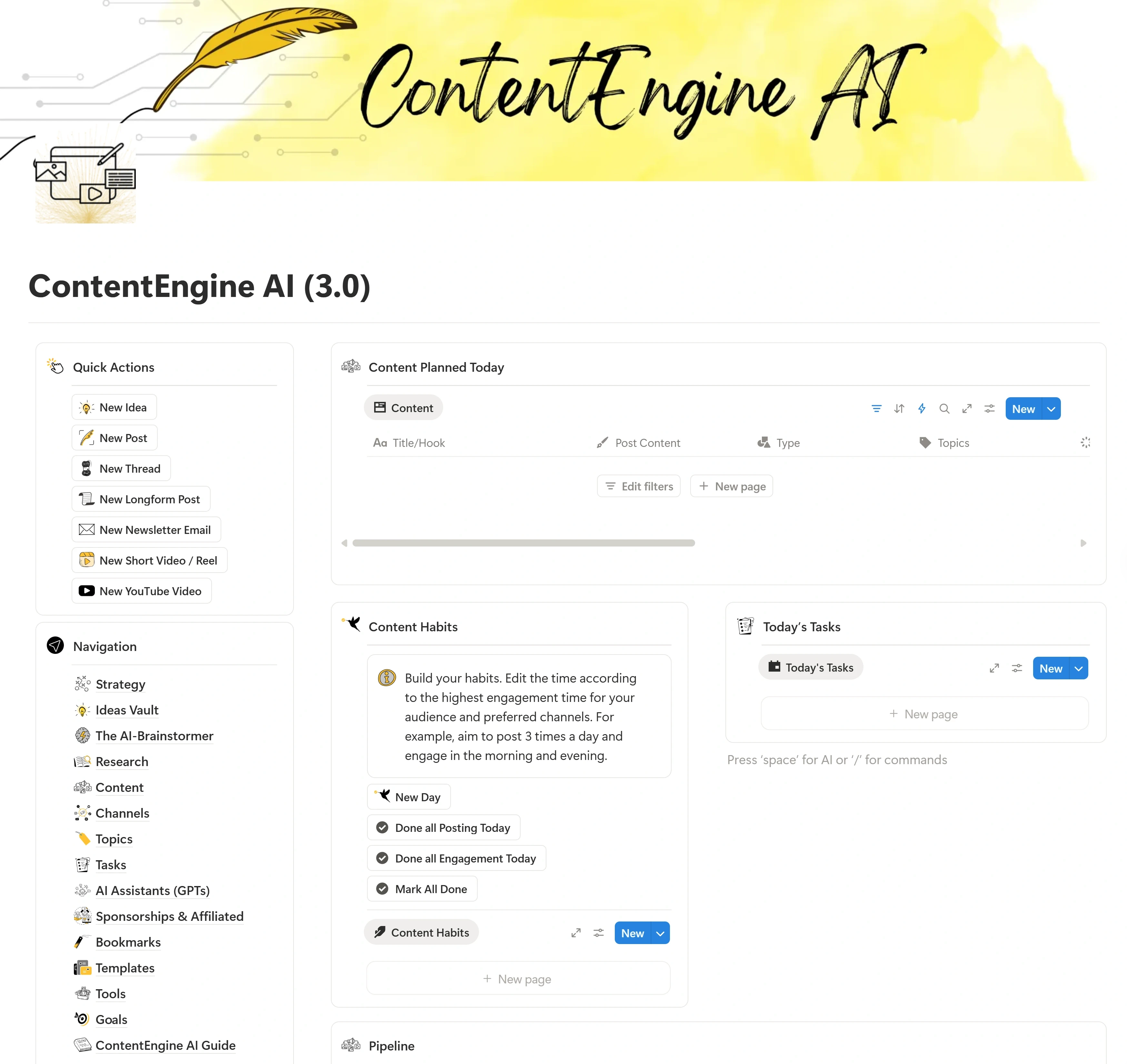 Screenshot of the ContentEngine AI Notion dashboard showing navigation cards for strategy, ideas, research, and AI assistants
