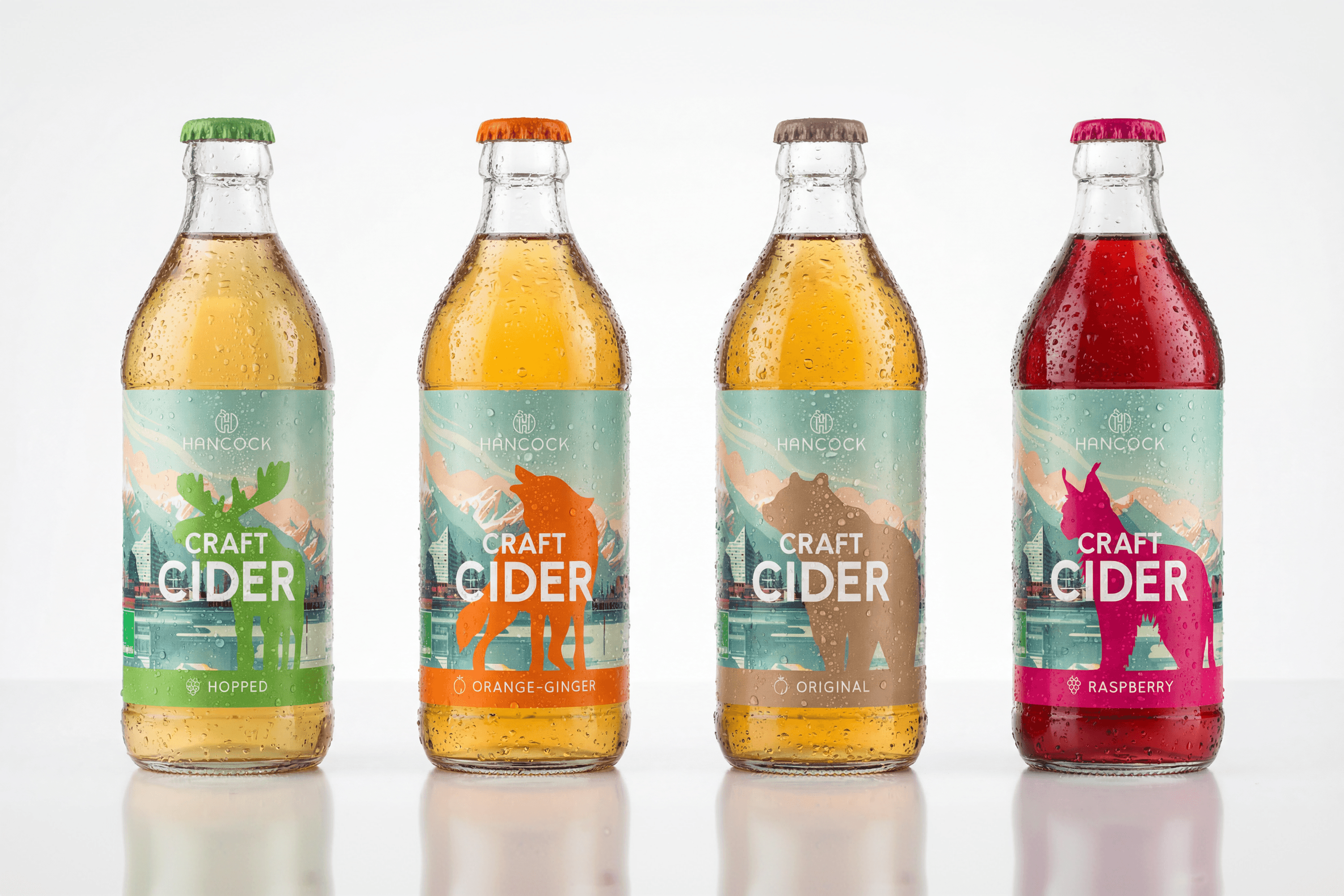Four bottles of Hancock's Craft Cider: Hopped, Orange-Ginger, Original, Raspberry.