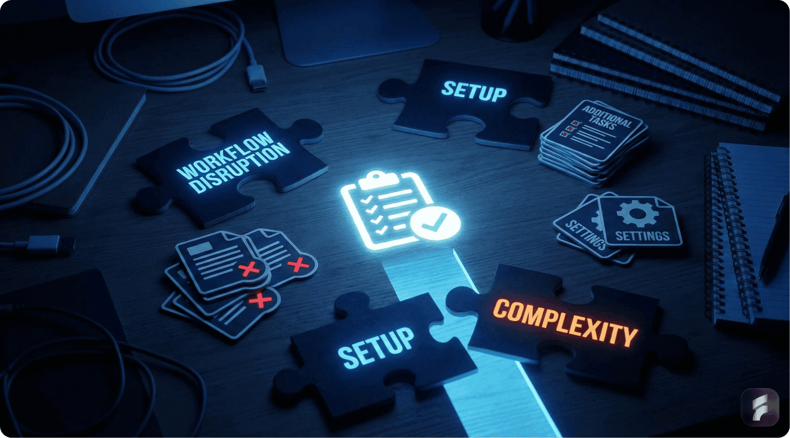 A 3D visualization of various puzzle pieces labeled with ‘Workflow Disruption’, ‘Setup’, and ‘Complexity’ surrounding a glowing checklist symbolizing the challenge of feature adoption in SaaS.