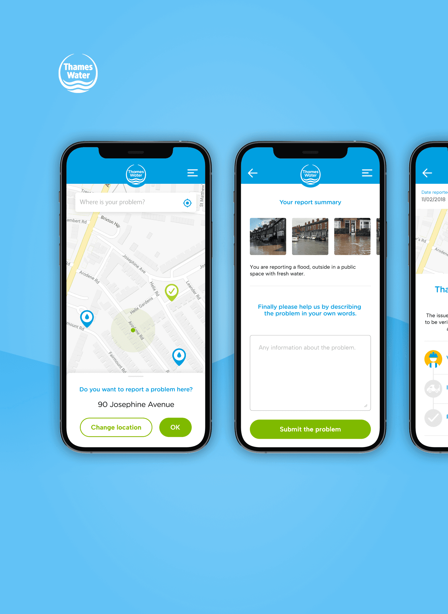 Project tile for Thames Water showing several mobile screens of the redesigned “Report a Problem” experience. The screens display clear iconography and step-by-step flows for selecting the type and location of a water issue, submitting a report and viewing confirmation details.