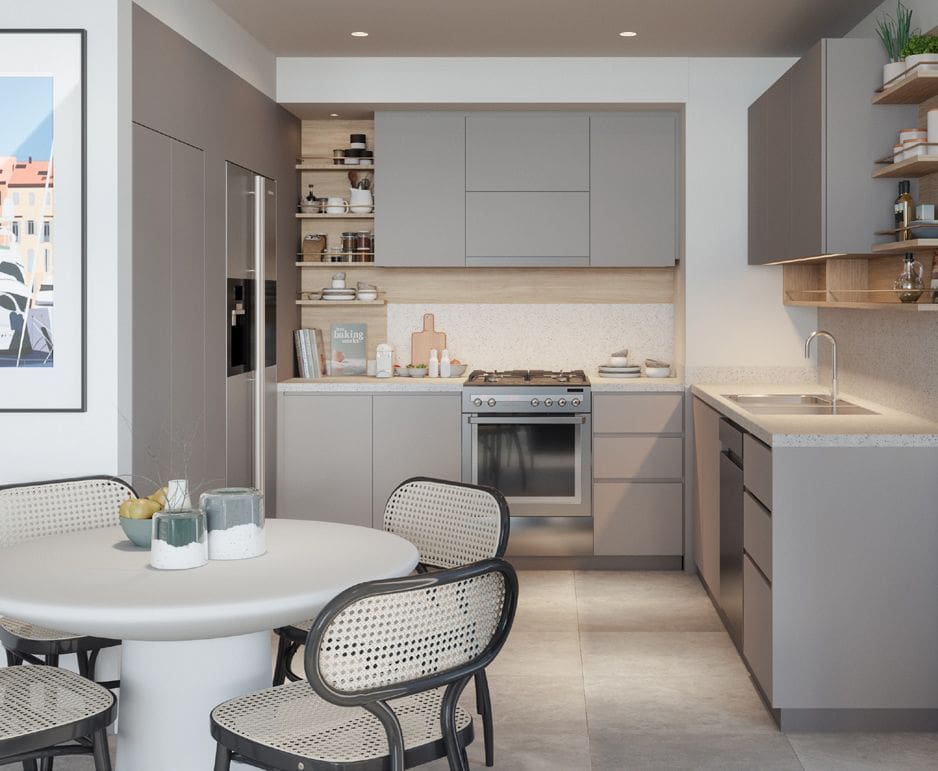 A modern kitchen featuring a dining table and chairs, located in Creek Crescent.