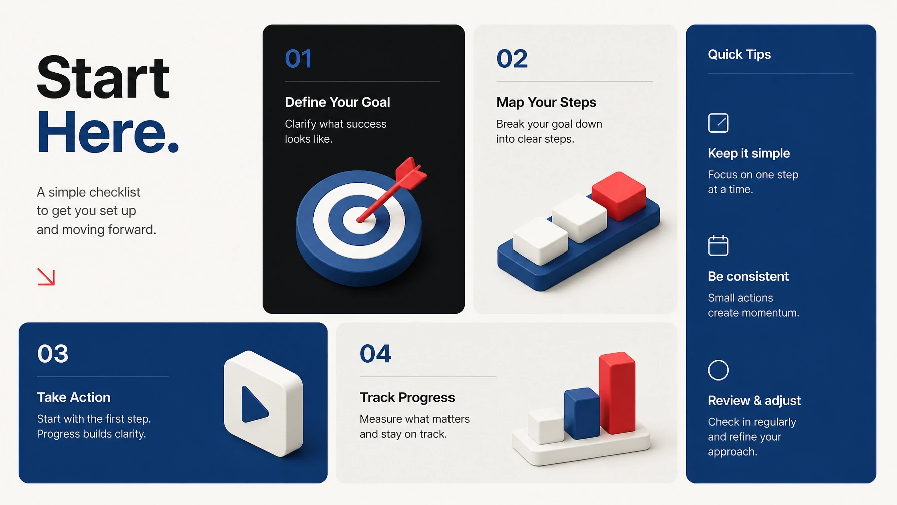 Minimalist Bento module representing the Start Here checklist with a flat 3D matte-shaded style