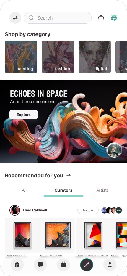 Art marketplace interface showcasing diverse artwork, enabling users to explore by category, browse favorite artists or curators, and discover featured exhibits.