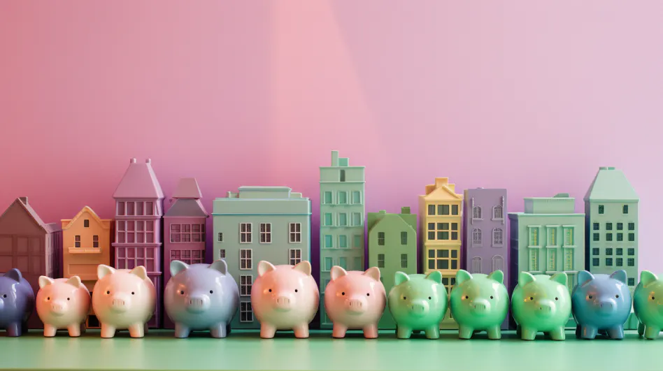 A row of piggybanks lined up in front of model homes