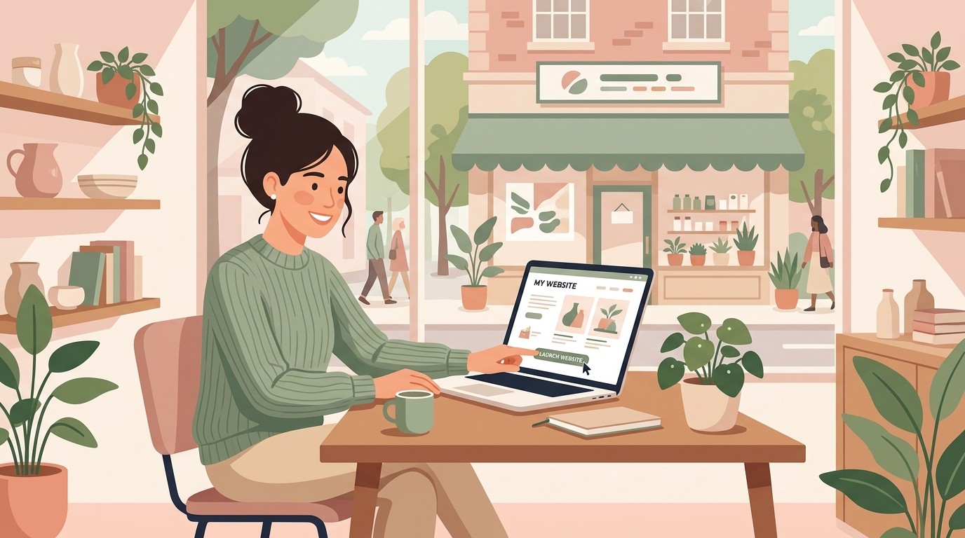 Flat illustration of a small business owner launching a professional website from her café with a storefront in the background