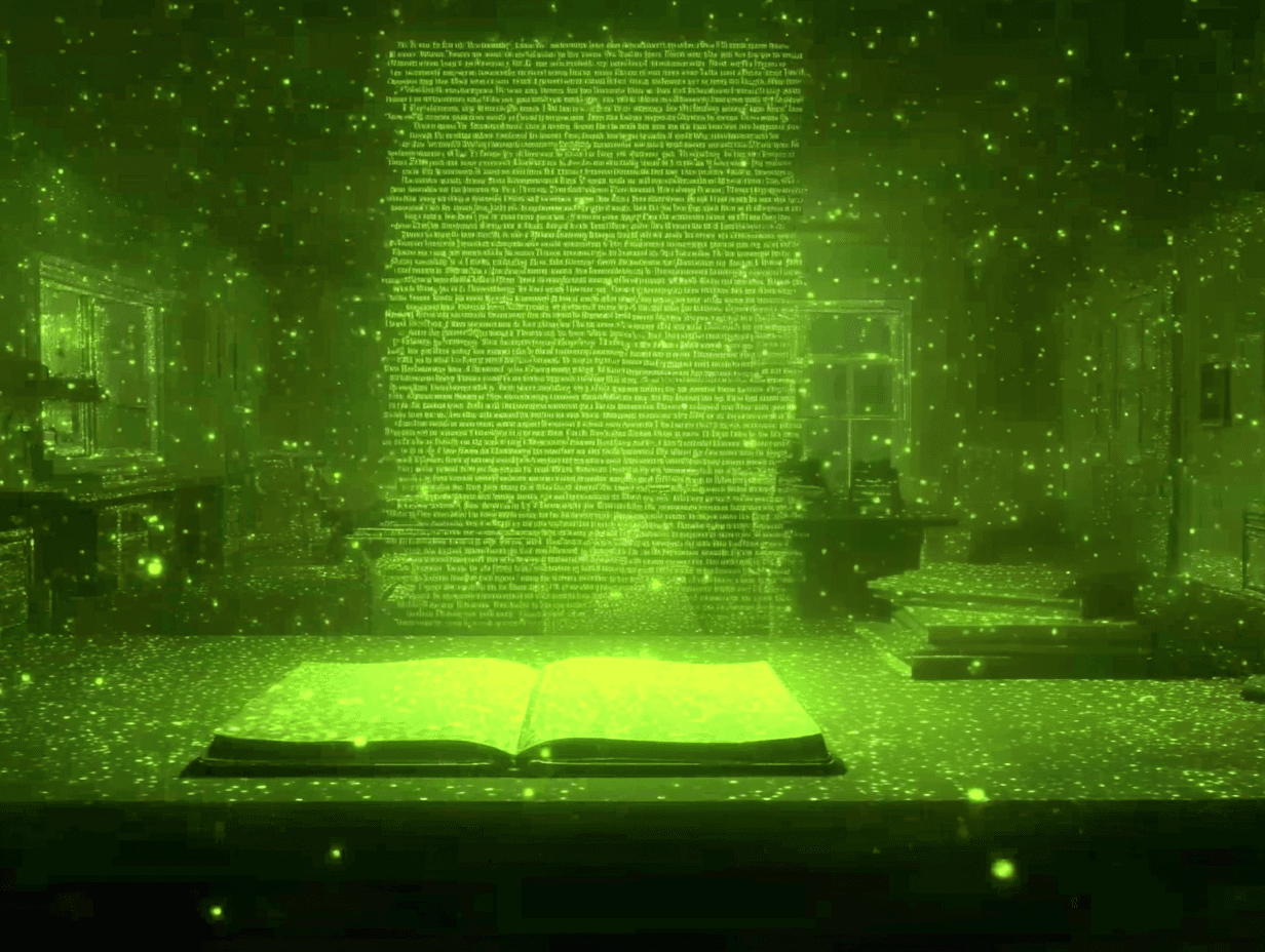 Illustration aux tons vert clair représentant un document fait de pixels flottant au-dessus d'un bureau à l'image d'un hologramme.