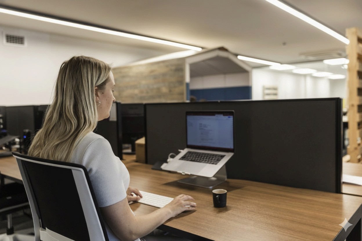 a woman sitting at the coworking desk at the crate north shore, working on her computer