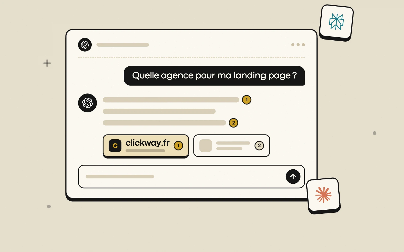 Illustration : réponse de ChatGPT qui cite clickway.fr comme source, avec les logos de Perplexity et de Claude