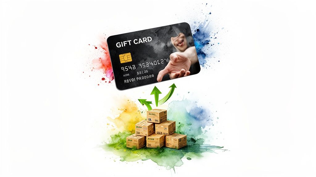 Black gift card floating over a stack of brown boxes with green arrows and colorful watercolor splashes.