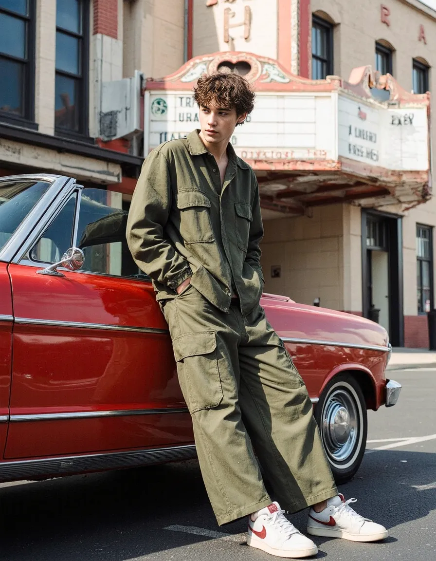 Person in olive green utility jumpsuit and white Nike sneakers leaning against vintage red car in front of historic theater marquee