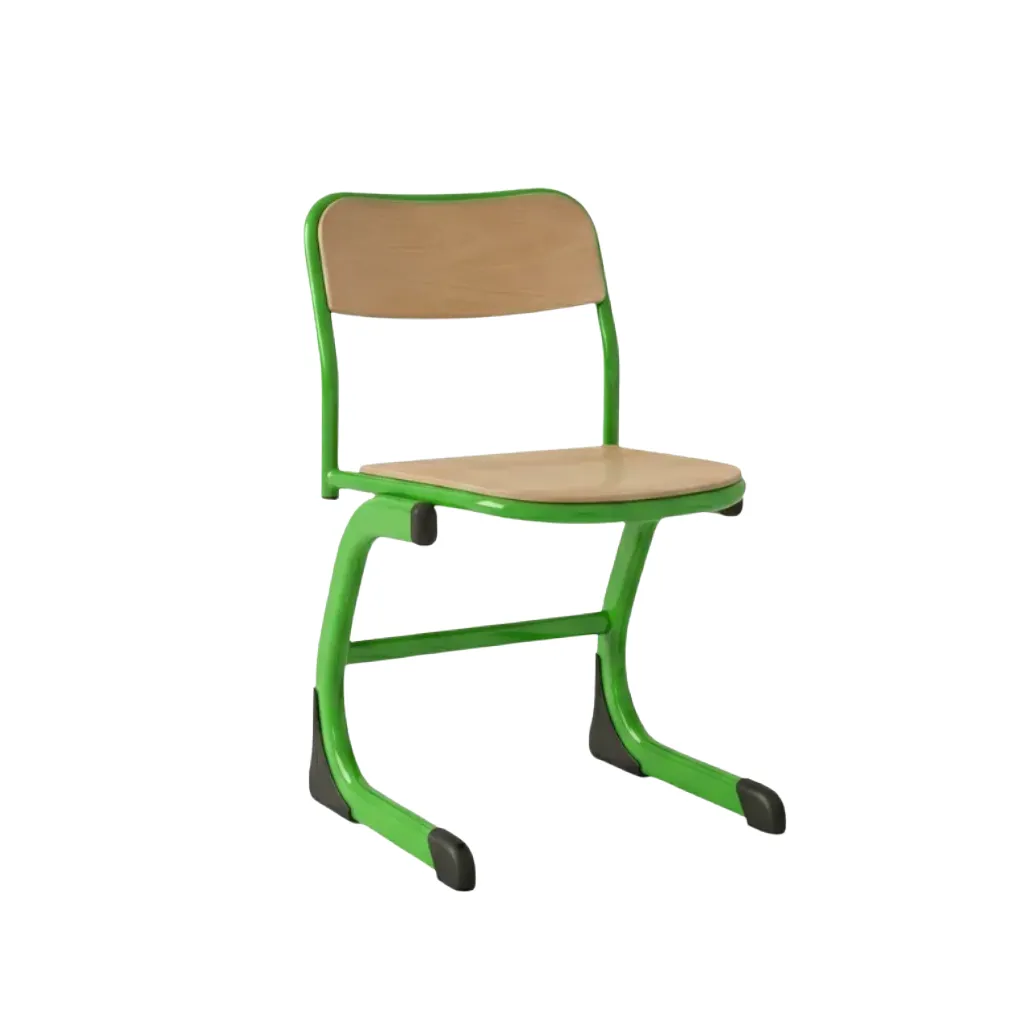 Classic school chair with wooden seat and backrest, green metal frame, and black foot caps, Made in Turkey