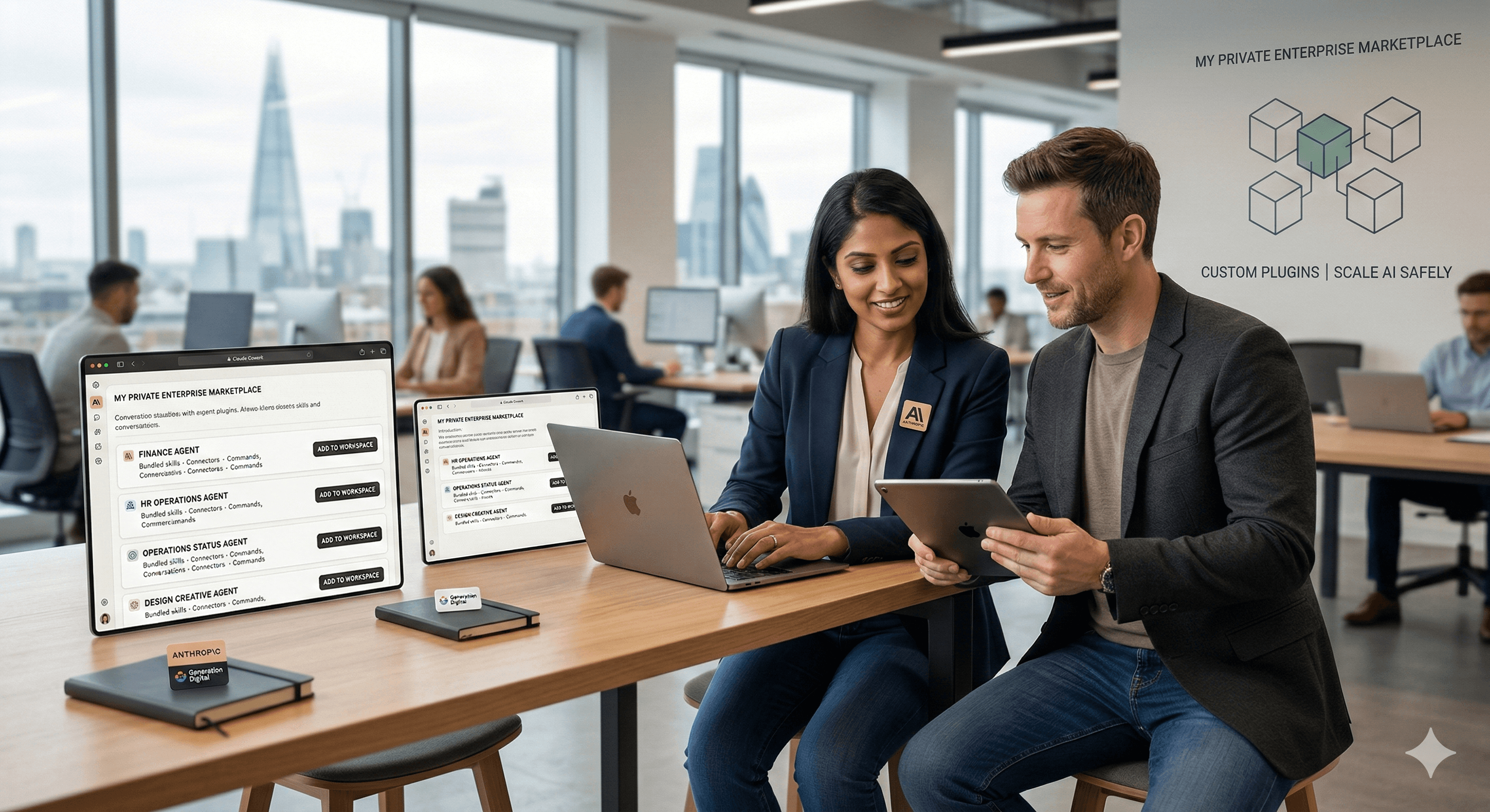 Employees using laptops and tablets at a modern office workspace with large windows, featuring digital displays promoting customization and safety, illustrating the concept of "Enhance Enterprise Collaboration with Cowork Plugins."