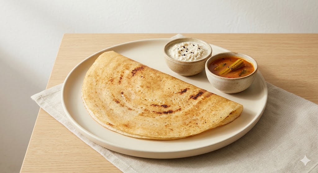 A realistic top-down photograph of a single plain South Indian dosa, served on a simple plate. It is golden-brown with minimal oil, and is served with a small bowl of coconut chutney and a small bowl of sambar on the side. This is an authentic Indian breakfast, cooked in a home-style. The background is clean with neutral tones and soft shadows.