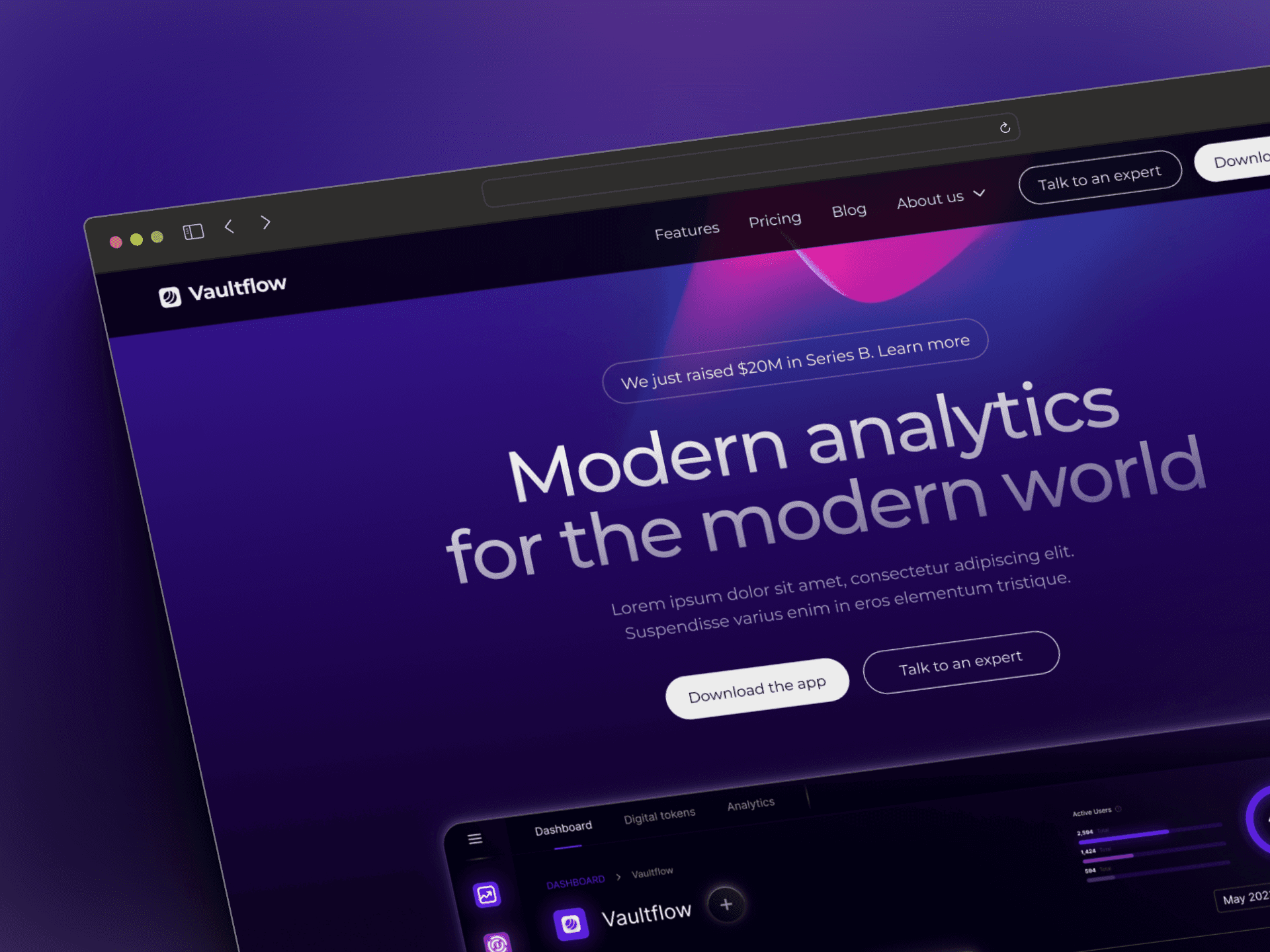 A web browser displaying a landing page analytics website with a purple background