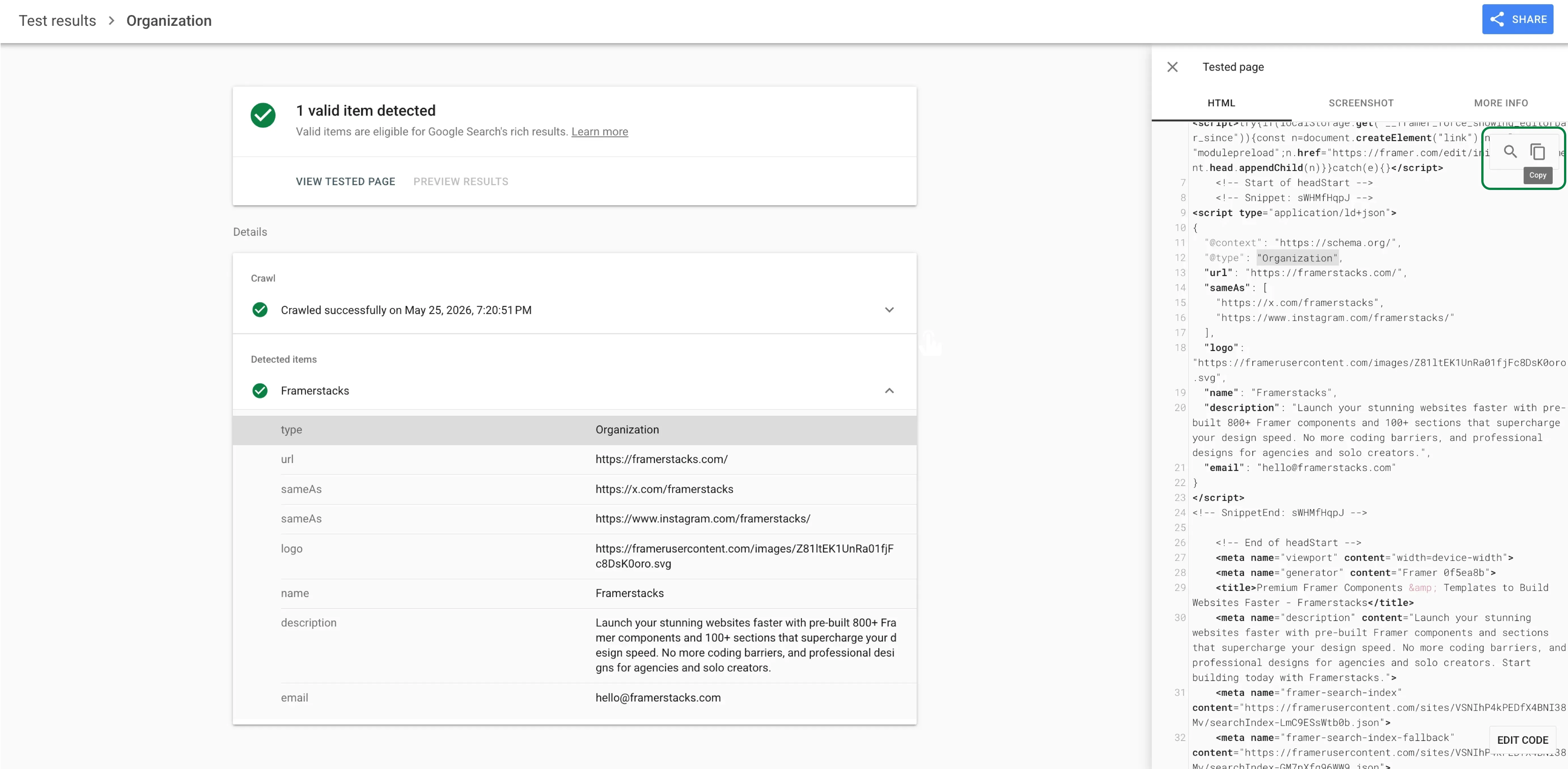 Rich result HTML code from crawled page items