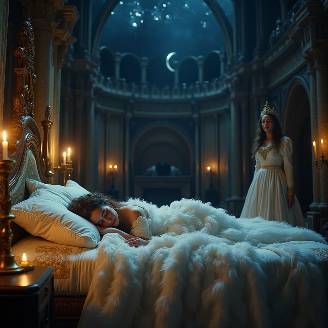 eine frau schläft in einem schloss in ihrem bett, eine weitere frau beobachtet sie