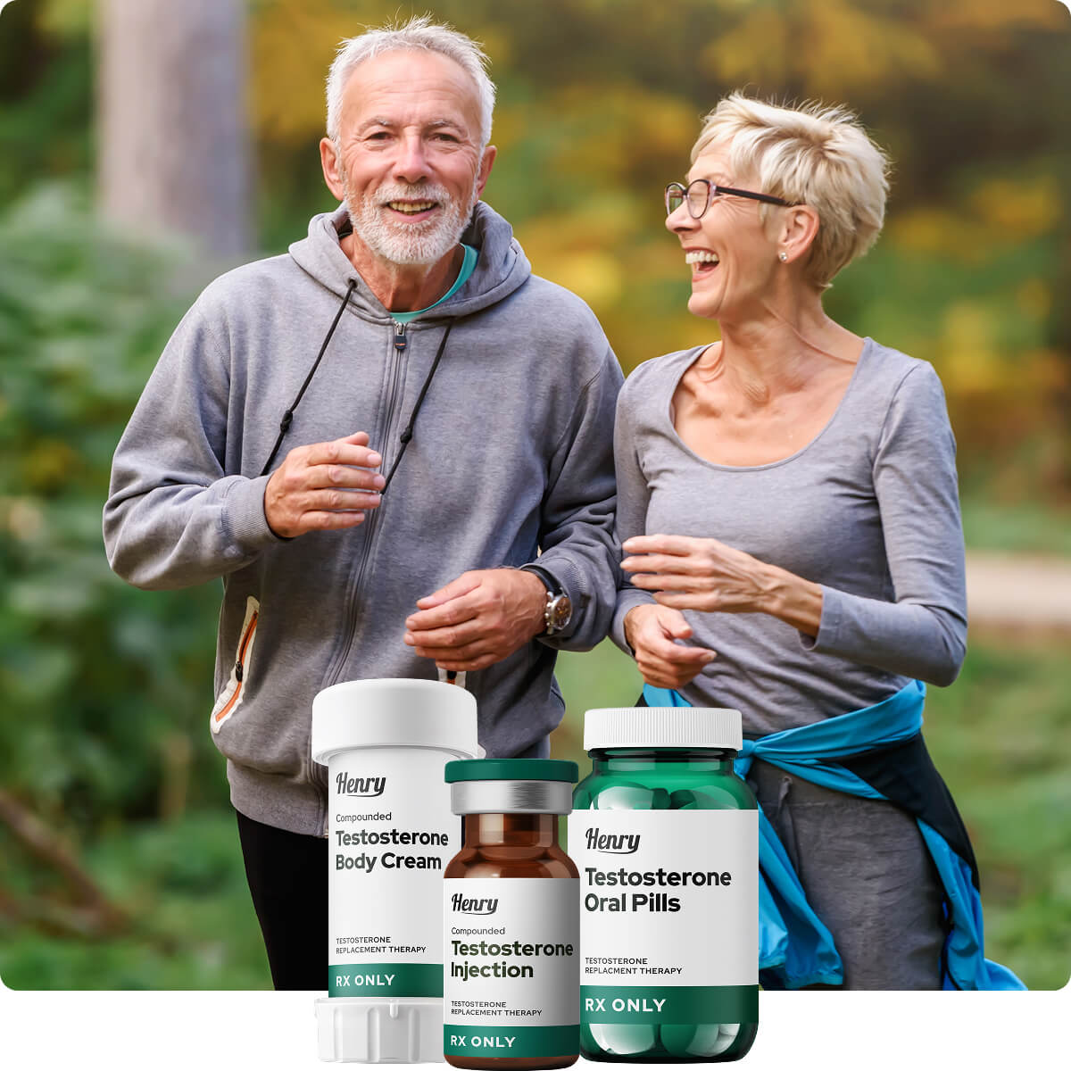 Smiling older couple jogging together outdoors on a sunny day, wearing casual athletic clothing, enjoying an active and healthy lifestyle in a green, leafy park setting. A vial of injectable TRT, a bottle of oral TRT pills and a container of TRT body cream.