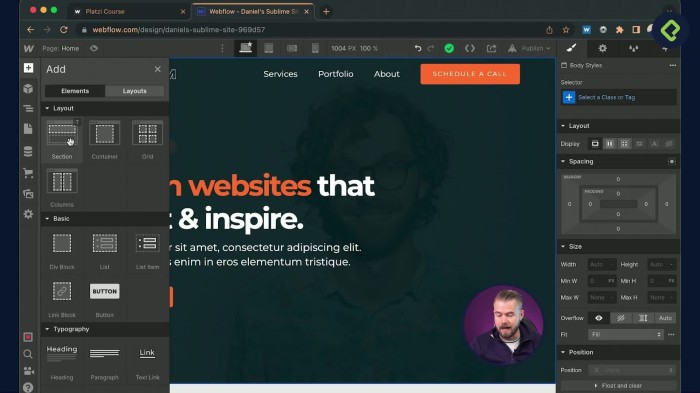 Configuración de animaciones en Webflow desde el panel de interacciones.
