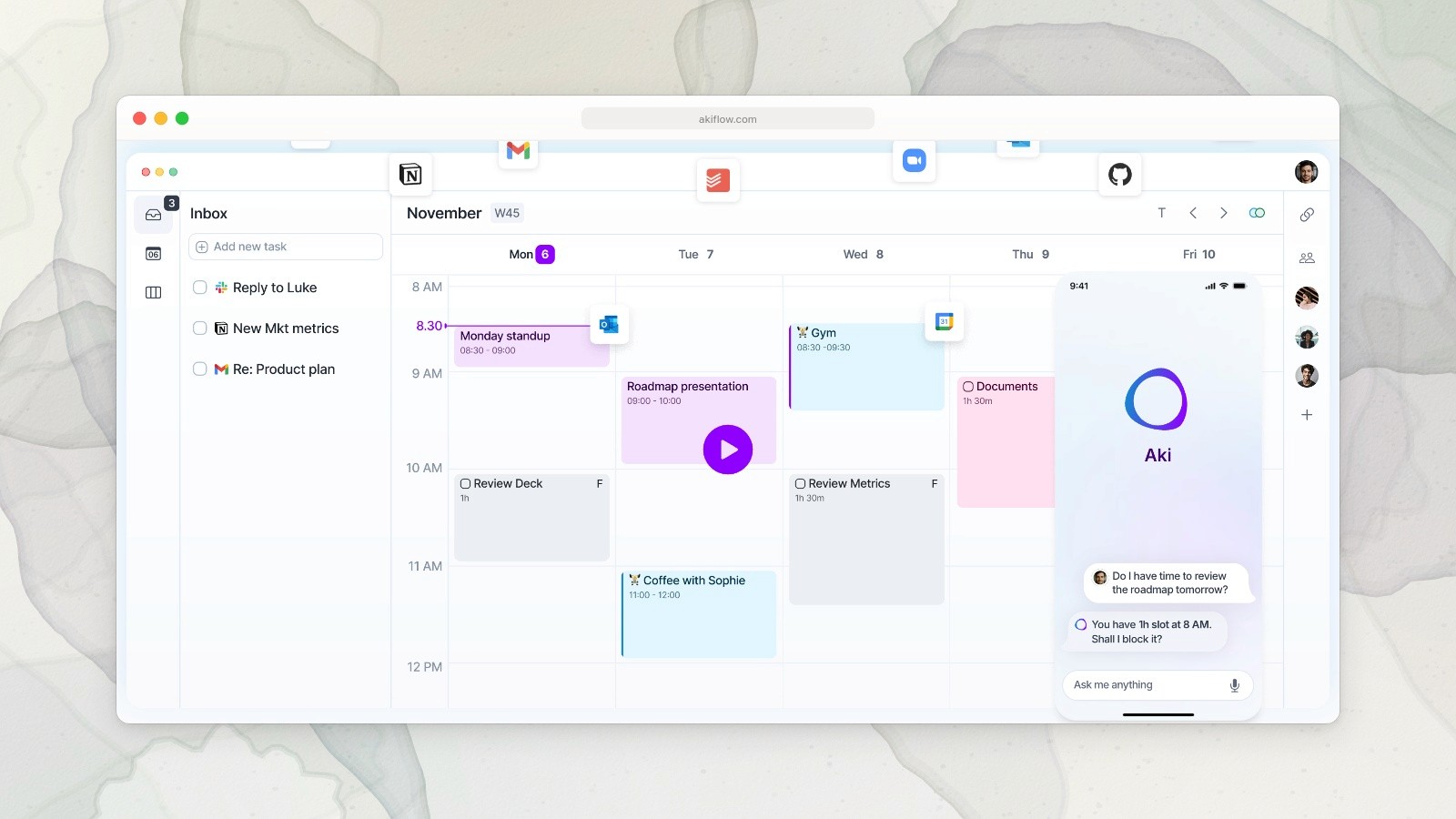 Akiflow’s current product presentation shows a calendar, task inbox, and Aki assistant.