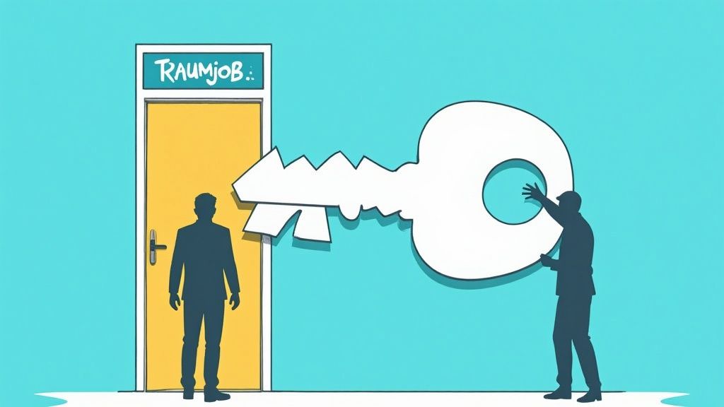 Eine Person überprüft eine Bewerbungsmappe mit Lebenslauf und Bewerbungsfoto an einem Schreibtisch.